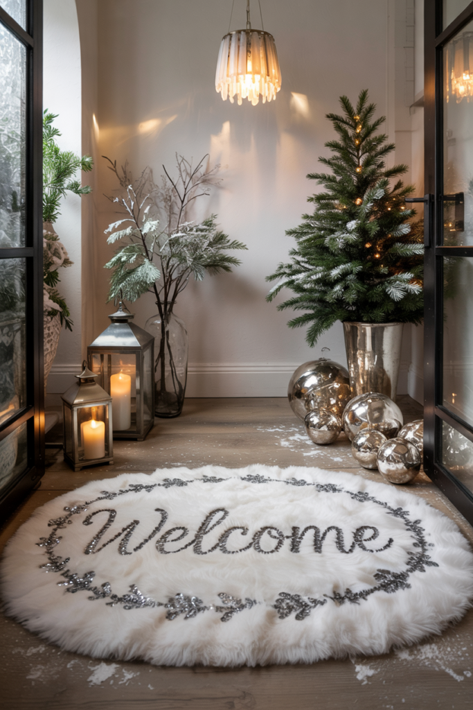 Modern luxe winter foyer featuring a plush faux snow welcome mat with glitter accents, frosted garlands, birch branches, and glowing candles, creating a cozy, magical Winter Wonderland entryway.