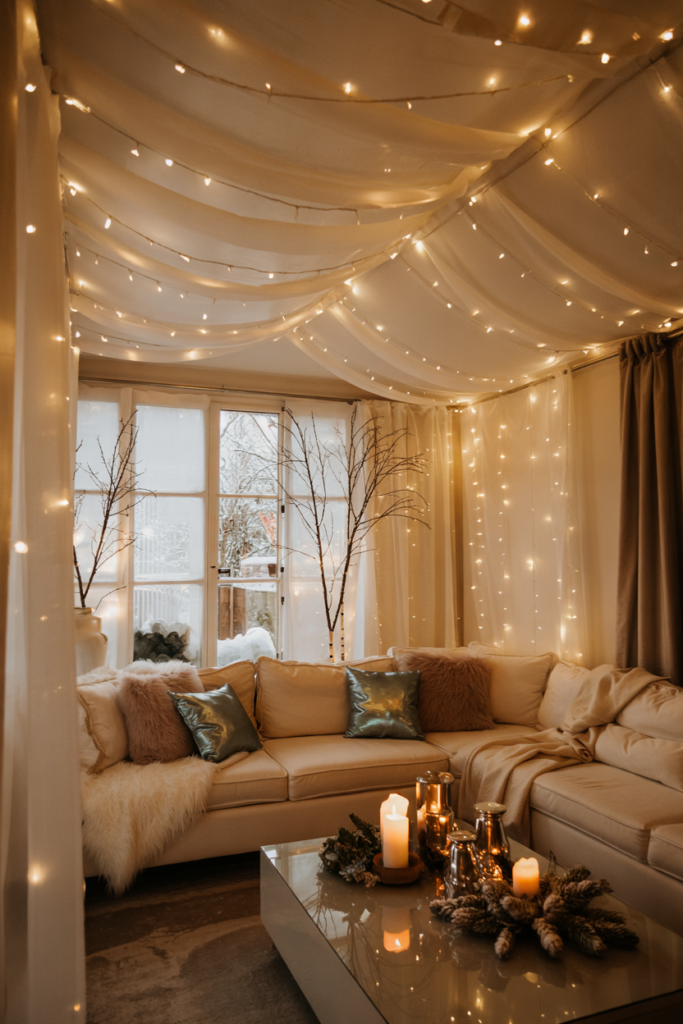 Modern luxe living room with sheer white drapes and twinkling fairy lights cascading from the ceiling, creating a snowfall effect over a cozy white sofa, faux fur rug, and glowing winter decor.