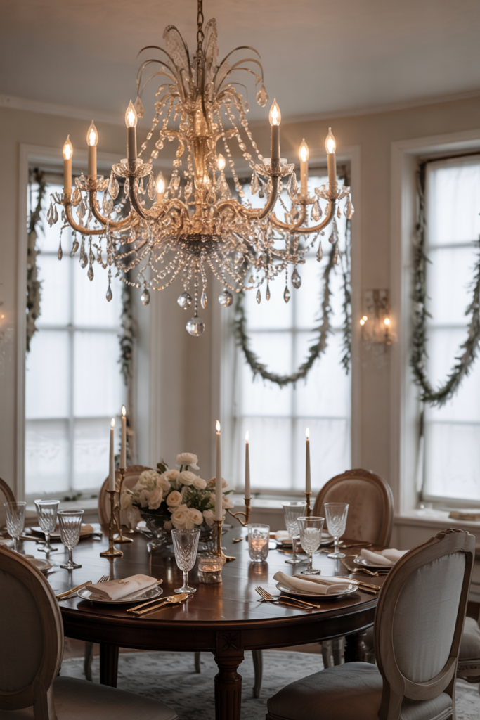 Modern luxe dining room with a chandelier decorated with hanging crystals, icicles, and silver garlands, casting a sparkling glow over a festive Winter Wonderland table.