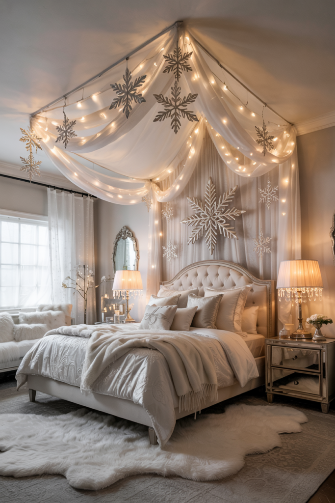 Romantic winter bedroom with a canopy bed draped in sheer white fabric, suspended snowflake ornaments, and twinkling micro-lights creating a dreamy indoor snowfall effect.