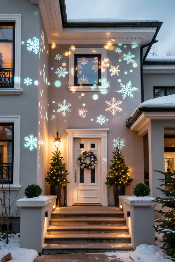 Modern luxe porch with motion snowflake projection lights casting animated patterns across the façade, surrounded by frosted greenery and warm winter lighting.