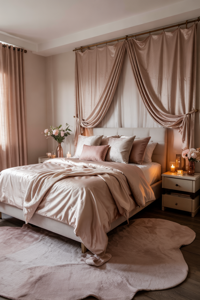 Soft blush makeover scene showing a tidy bed, a pale blush area rug, matching lampshades and sheer blush curtains framing the window.