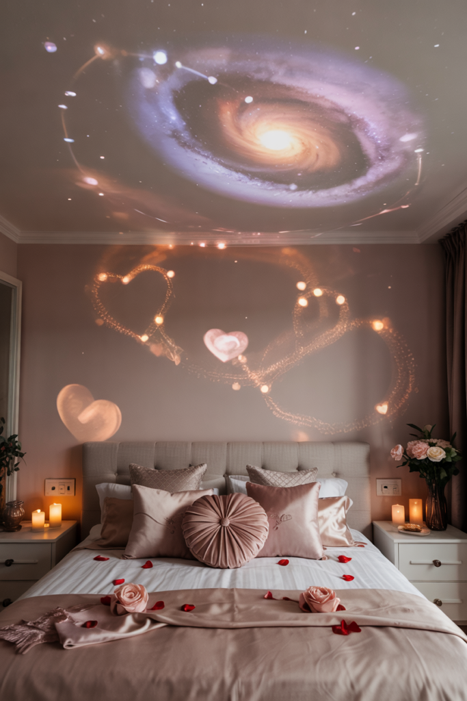 Nighttime portrait of a perfectly made, cozy bed with a galaxy and subtle heart-shaped projector casting blush and champagne stars across the ceiling.