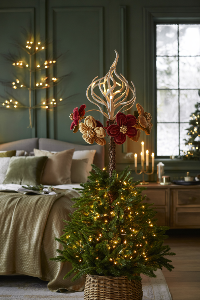 A sculptural statement tree topper of brushed metal branches and oversized florals paired with a wall-art “tree” made from lights and ornaments.