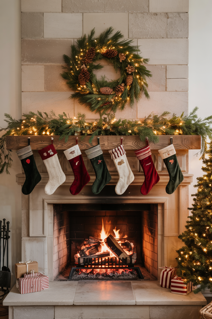A Christmas fireplace with a large evergreen wreath centered above and stockings hung symmetrically along the mantel, glowing with candles and warm holiday lighting for a perfectly balanced festive look.