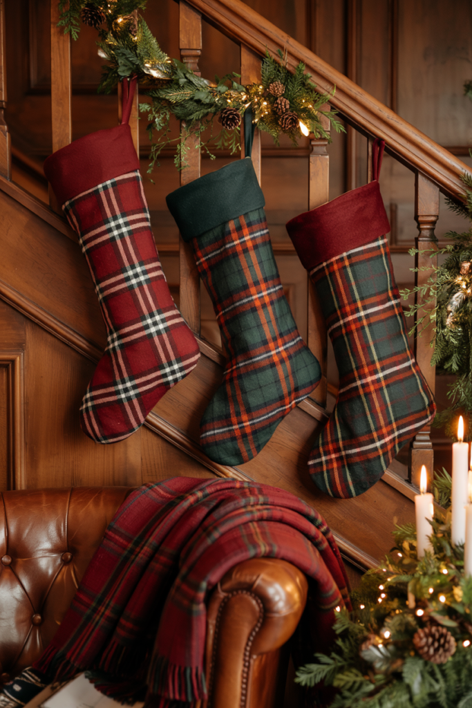 Ralph Lauren–style Christmas scene with plush tartan stockings hung by a fireplace or staircase railing, surrounded by evergreen garlands, brass accents, plaid throws, and a cozy modern rustic holiday interior.
