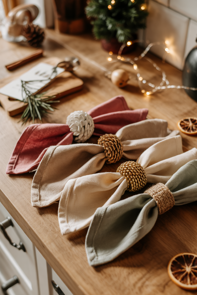 Festive cloth napkins in rosy tones, sage and gold accents and decorative napkin rings like pine cone, berry, and brass even in as Christmas kitchen décor.