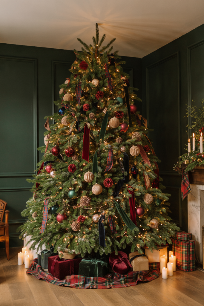 Classic Ralph Lauren–style Christmas tree decorated with deep red, forest green, and navy ornaments, tartan and velvet ribbons, pinecones, gold accents, and equestrian-inspired details in a cozy modern rustic living room.