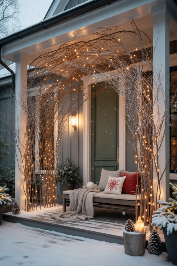 A suspended canopy of bare branches threaded with warm micro-LED lights above porch seating, casting delicate shadows.