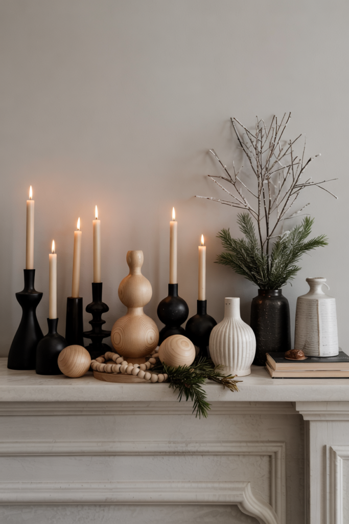 A winter mantel styled with matte-black candleholders, white ceramics, light wood accents, and evergreen garland for a dramatic modern two-tone contrast look.