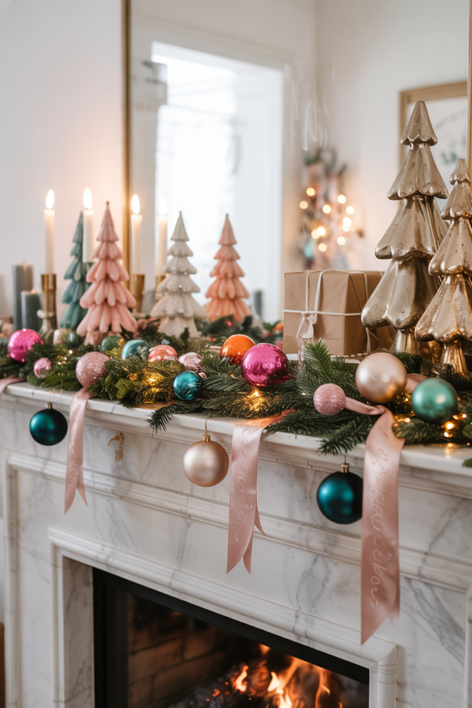A modern Christmas fireplace mantel decorated with pink, teal, and orange ornaments and coordinating ribbons, creating a playful, trendy, and vibrant holiday display.