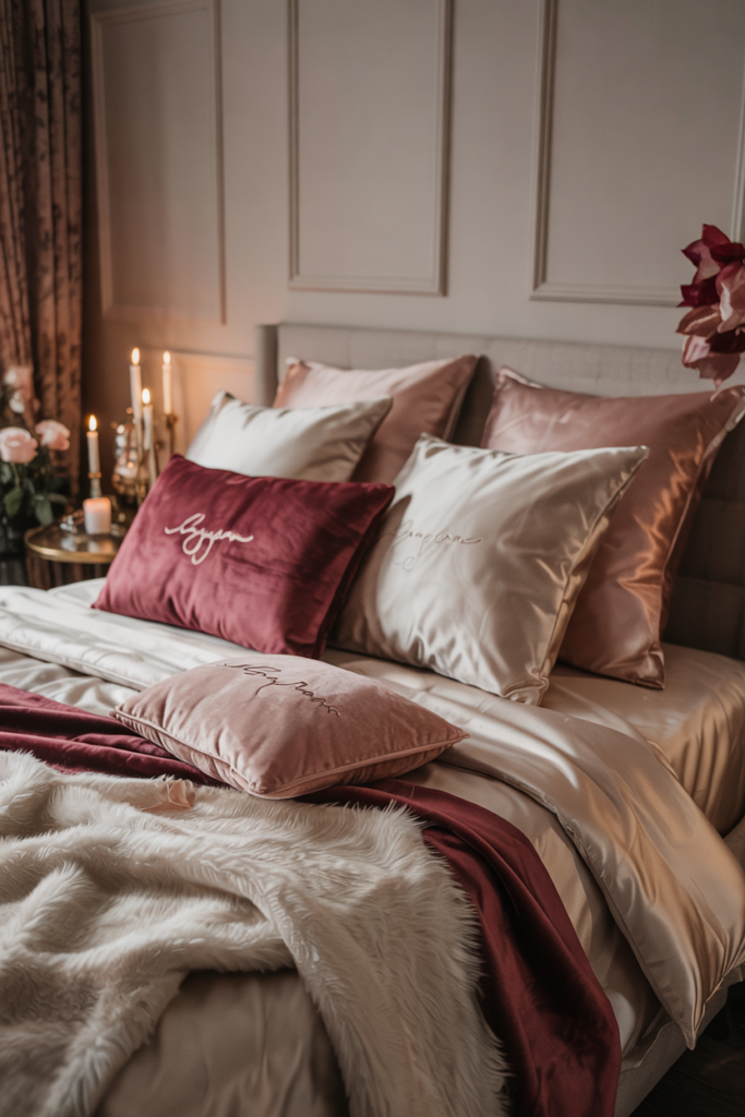 Organized bed showcasing layered velvet pillows in burgundy, blush and wine tones with a folded velvet throw and faux-fur accent at the foot.