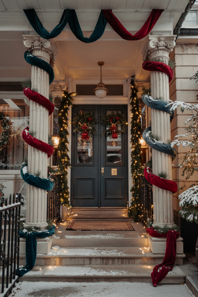 Tall porch columns spiraled in deep jewel-tone velvet ribbons with sparing micro-LEDs and light snow, standing beside the entrance.