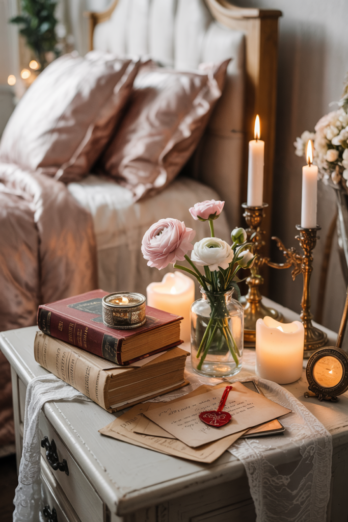 A bedside table styled with antique books, aged parchment love letters, delicate lace and candlelight beside a neatly made satin bed.