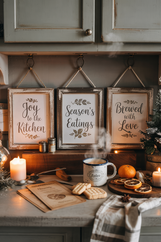 Framed signs with festive sayings in a style that looks aged or distressed.