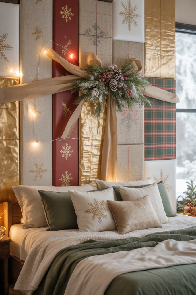 A wall above the bed is covered with curated gift wrap designs in a coordinated palette as a decorative accent.