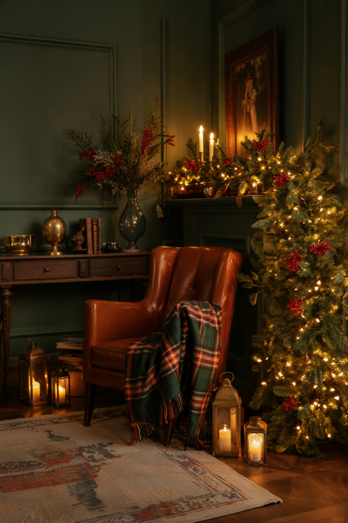 Ralph Lauren–style Christmas interior with soft, warm lighting from candles, votives, fairy lights, and lanterns, highlighting greenery, plaid textiles, brass accents, and a cozy modern rustic holiday atmosphere.