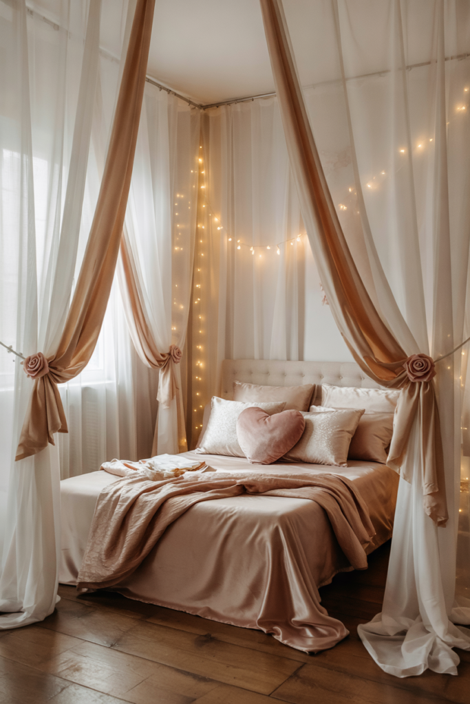 romantic bedroom with flowing sheer curtains tied with satin ribbons and fairy lights framing a neatly made bed bathed in diffused light.