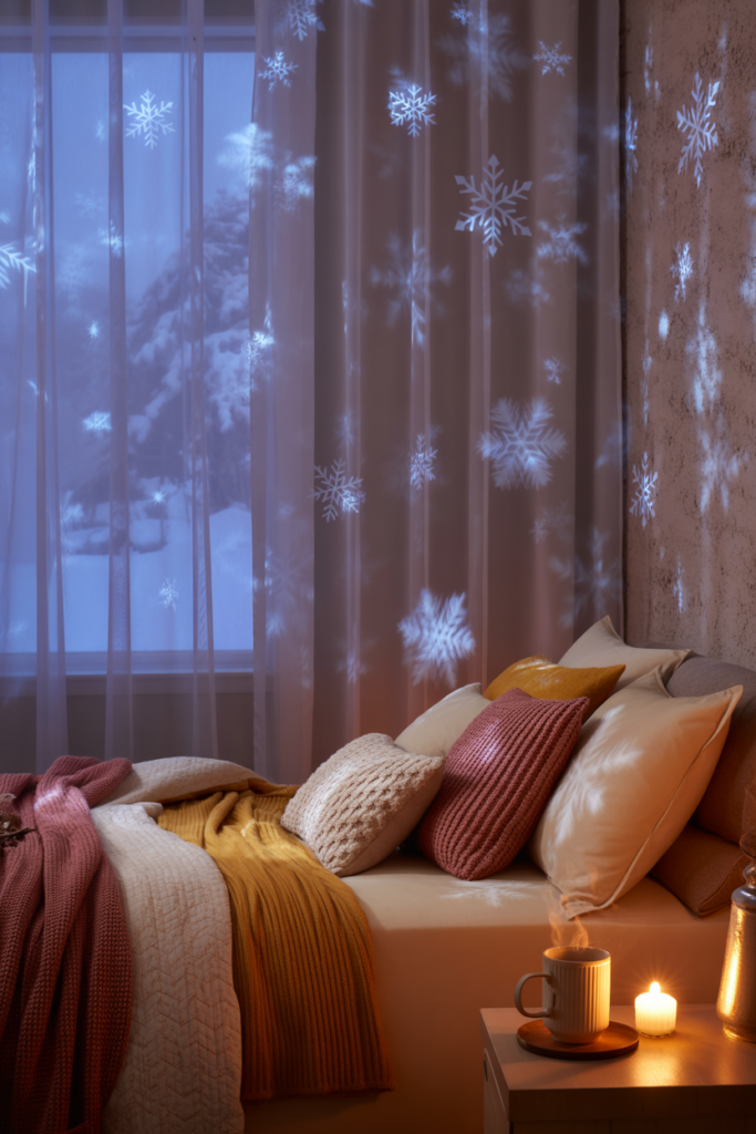 holiday motif projection lights aimed at curtains or walls to create moving seasonal silhouettes.