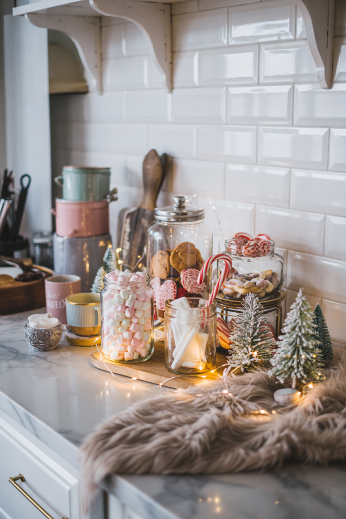 Modern luxe kitchen hot cocoa and cookie station with glass jars of marshmallows and peppermint sticks, fairy lights, and festive winter décor, creating a whimsical Winter Wonderland vignette.