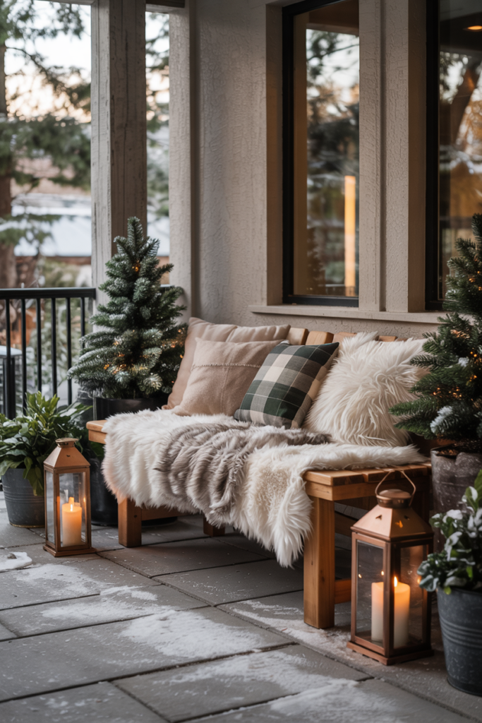 Modern luxe porch with a cozy wooden bench adorned with faux fur throws, plaid cushions, and a thermos station, creating a warm and magical Winter Wonderland entry nook.