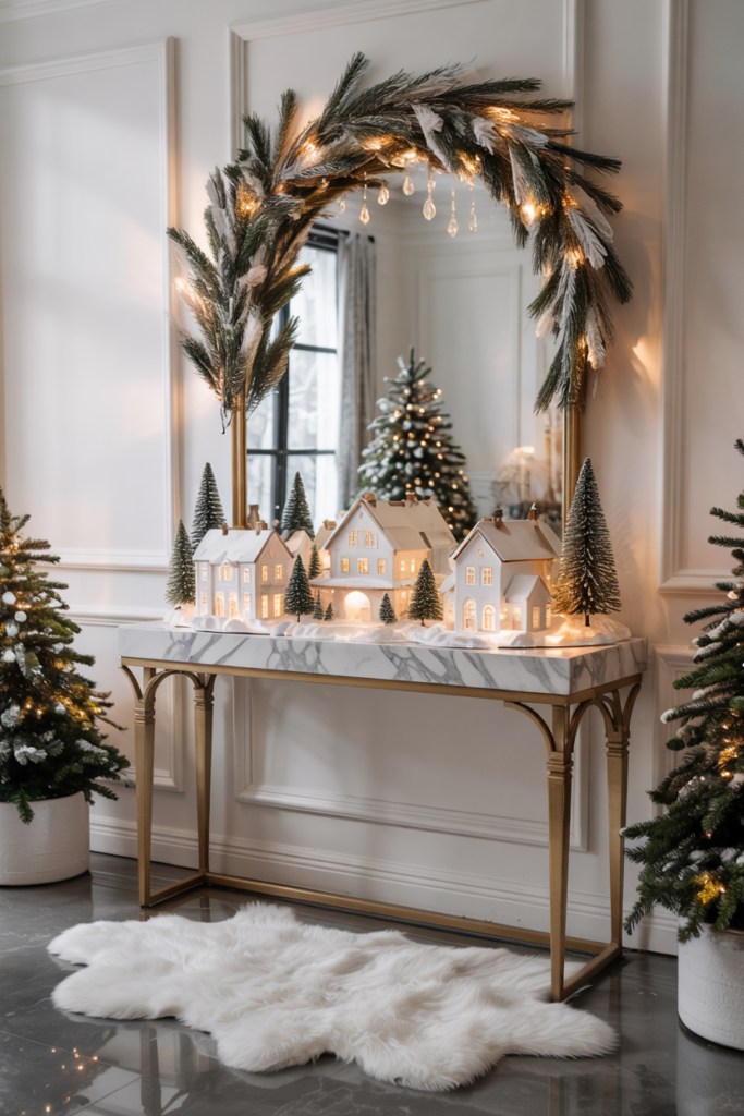 Modern luxe winter entryway with a console table styled as a miniature snowy village of glowing cottages, frosted pine trees, and LED light trails, creating a magical Winter Wonderland welcome.