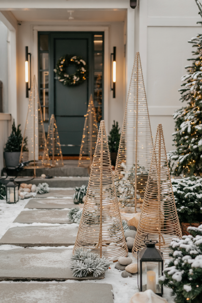 A minimalist walkway lined with tall cone-shaped wireframe trees in matte brass wrapped in warm micro-LEDs, casting geometric shadows on a snow-dusted path toward a dark front door.