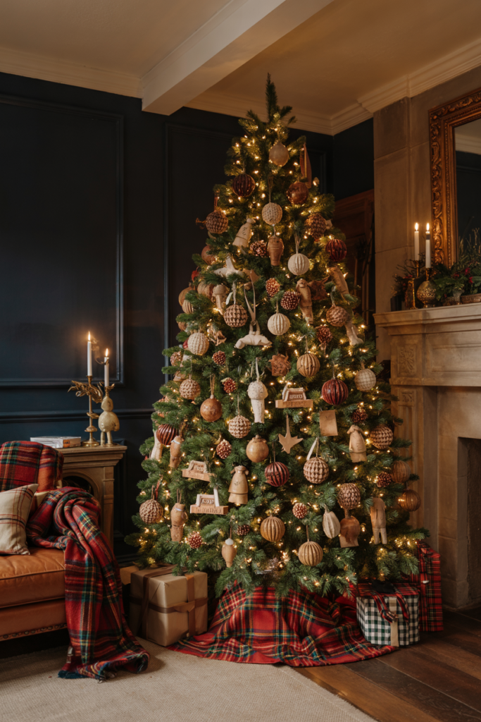 Ralph Lauren–style Christmas tree with handcrafted rustic ornaments including wooden, paper-mâché, and matte baubles, pinecones, cedar sprigs, plaid ribbons, and subtle equestrian accents in a cozy modern rustic living room.