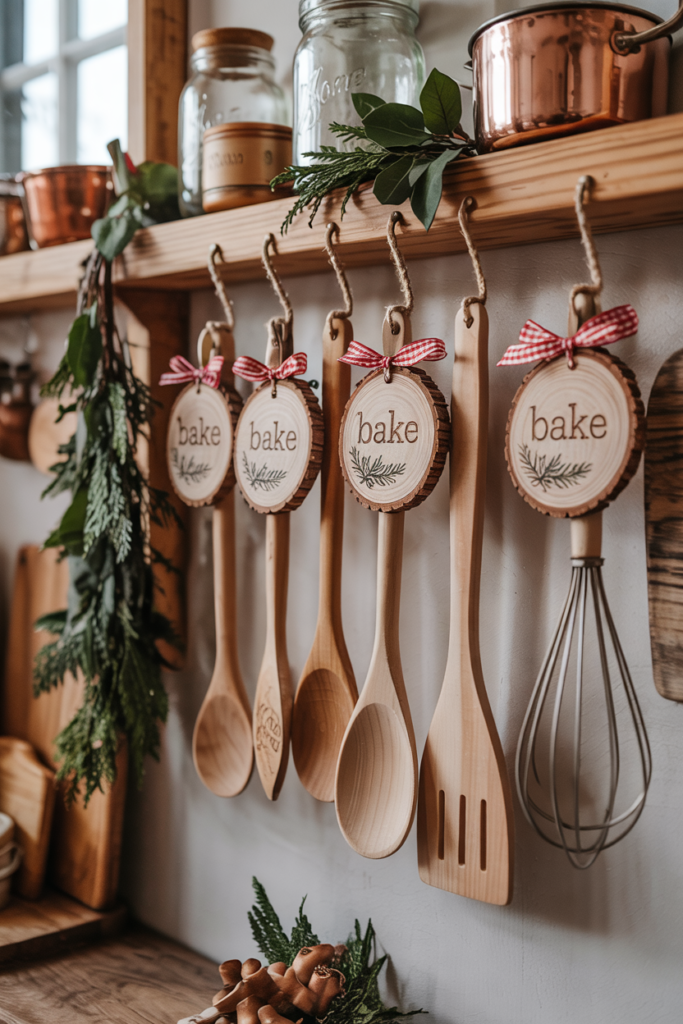 Thin wood slices tags with festive illustrations bound to handles of large utensils hanging on the wall.