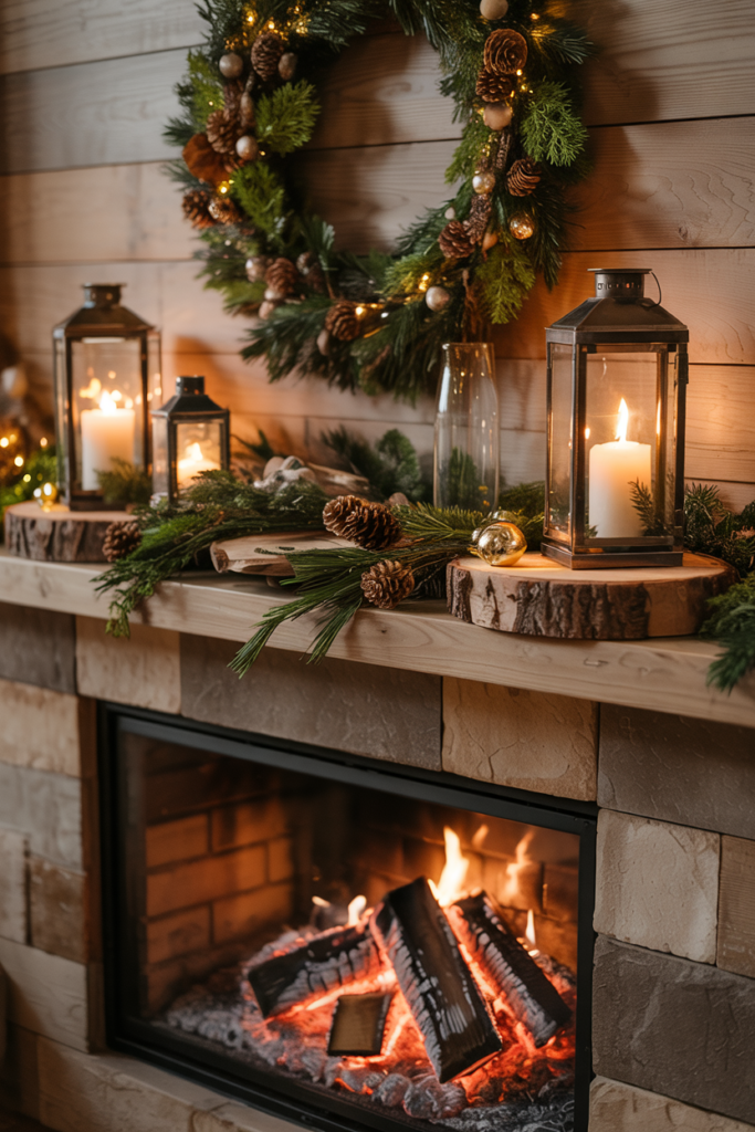 A rustic Christmas fireplace decorated with wood slices, lanterns with flameless candles, and mossy greenery, creating a layered, warm, and textural holiday mantel vignette.
