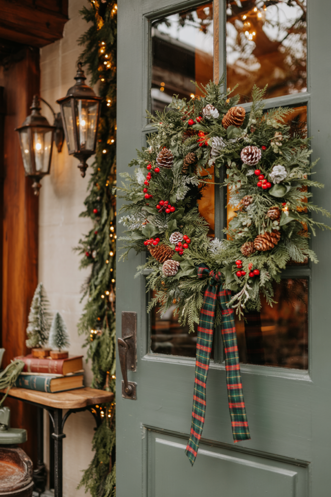 Classic Ralph Lauren–style Christmas entry with a lush evergreen wreath decorated with pinecones, berries, and a rich tartan ribbon in deep holiday colors, hanging on a dark wood door.