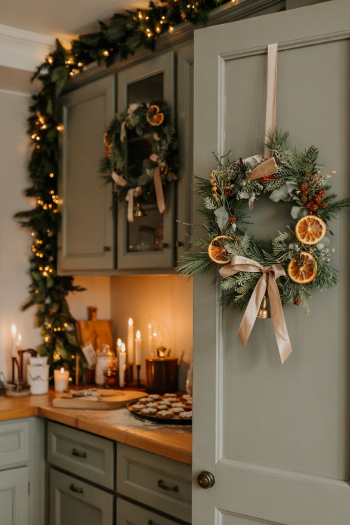 Seasonal wreaths on pantry and kitchen cabinet door fronts .