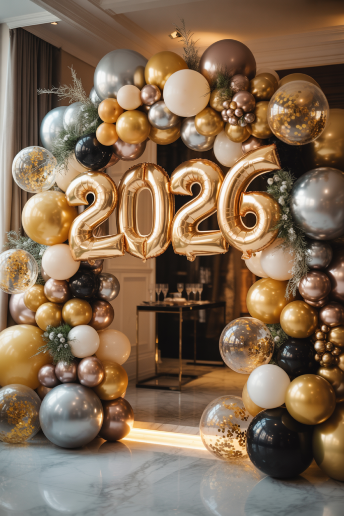 New Year 2026 balloon arch with gold, silver, and pearl balloons framing a stylish entryway photo zone.