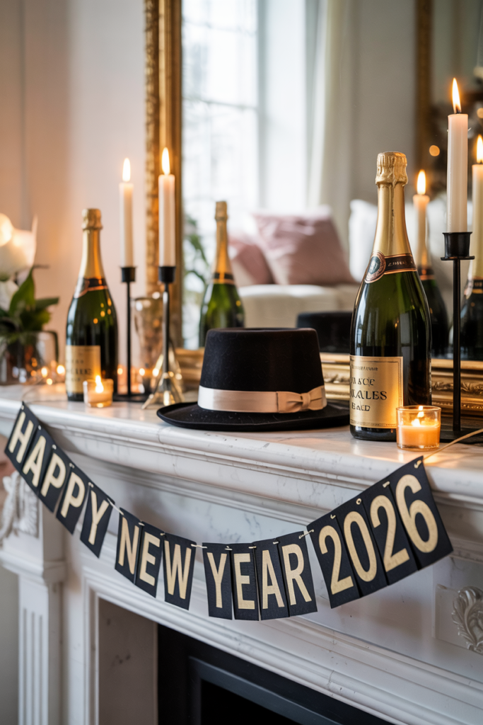 Black and gold New Year mantel decor with champagne bottles, festive banners, elegant hats, and warm candlelight.