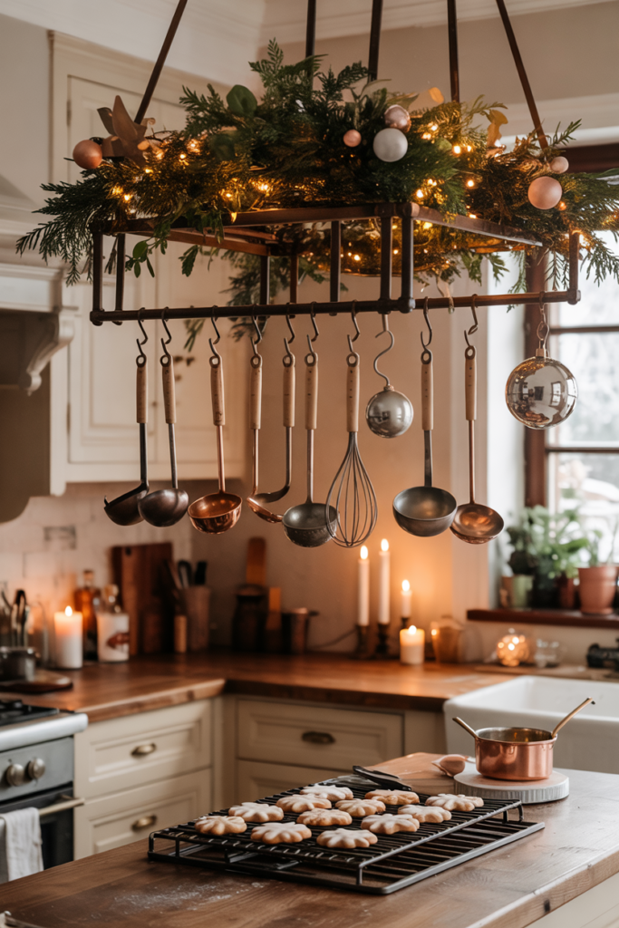 Suspend cookware like ladles and colanders on a hanging hook, interwoven with a pine and eucalyptus garland and a few small ornaments.