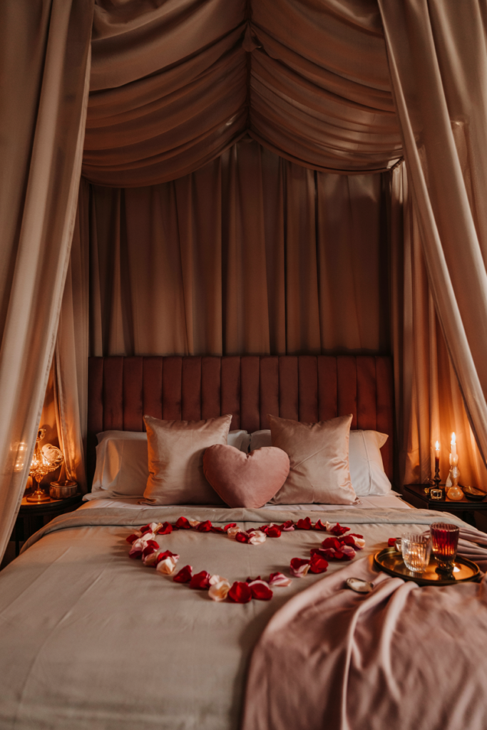 A canopy bed draped in sheer blush and ivory curtains wrapped with warm fairy lights, a deep burgundy velvet headboard, scattered rose petals forming a heart, and candlelit bedside tables.
