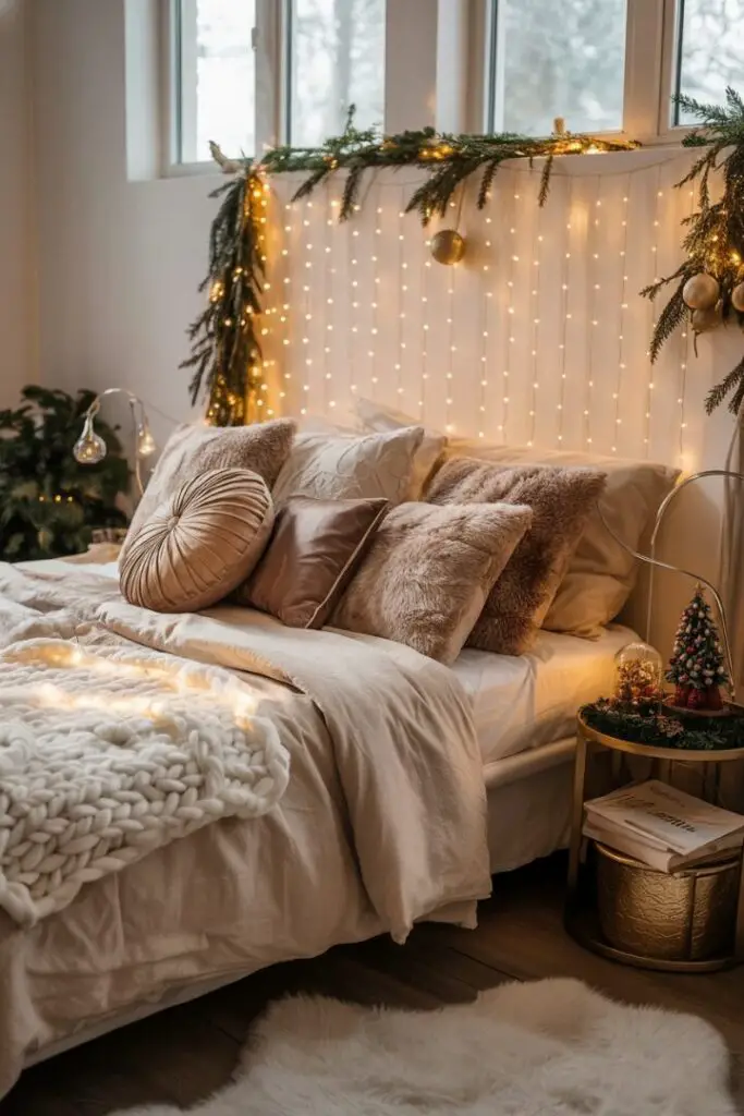 Warm LED fairy-light strands cascading vertically over the headboard to form a glowing halo above a layered, neutral winter bed.