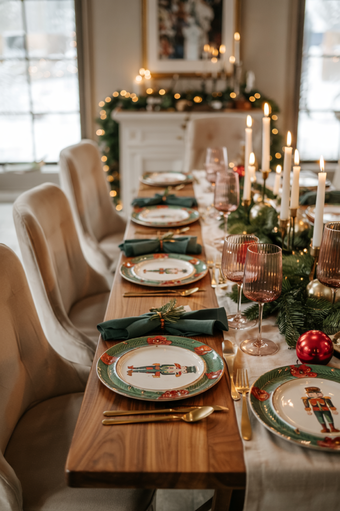 Nutcracker-themed chargers and plates on a luxurious festive Christmas dining table.