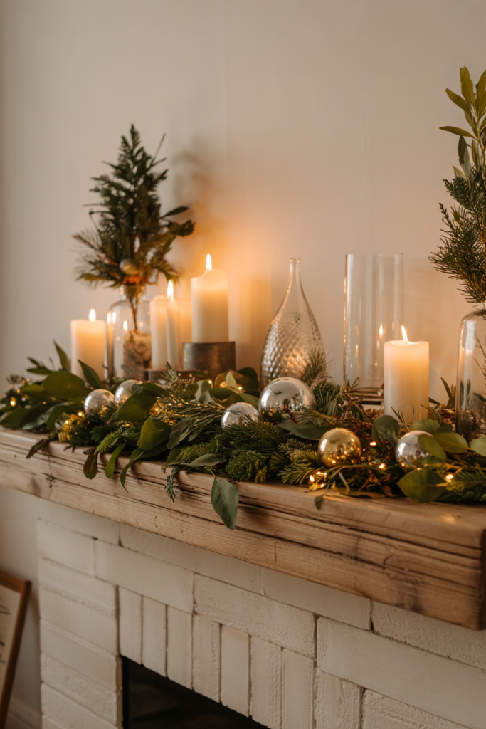 A rustic Christmas fireplace with a natural green garland, clear glass ornaments, and glowing candlelight, creating an elegant, serene, and softly textured holiday mantel.
