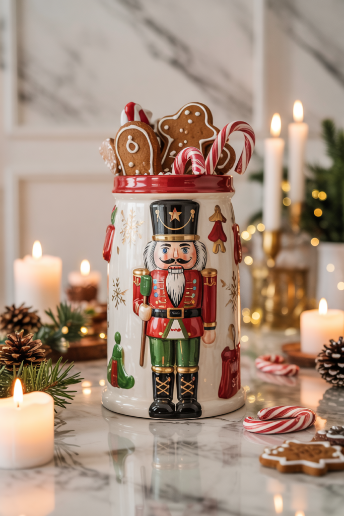Nutcracker-themed cookie jar filled with holiday treats on a festive kitchen counter.