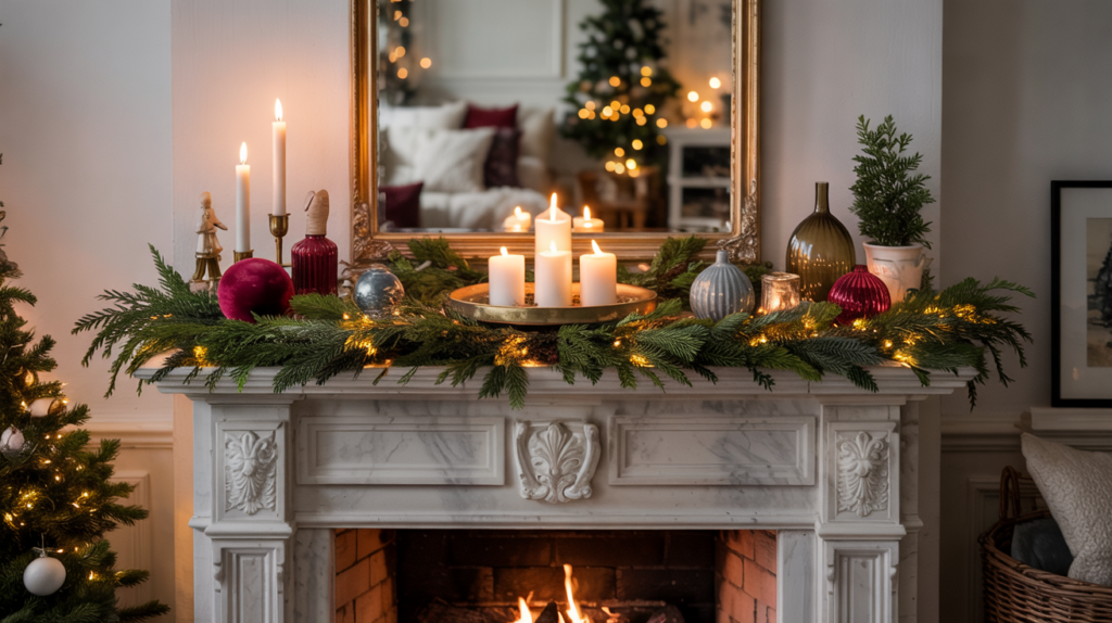 A winter fireplace makeover with an elegant mantel styled with evergreen garland, soft candlelight, subtle color accents, and warm ambient lighting for a cozy yet refined seasonal look.