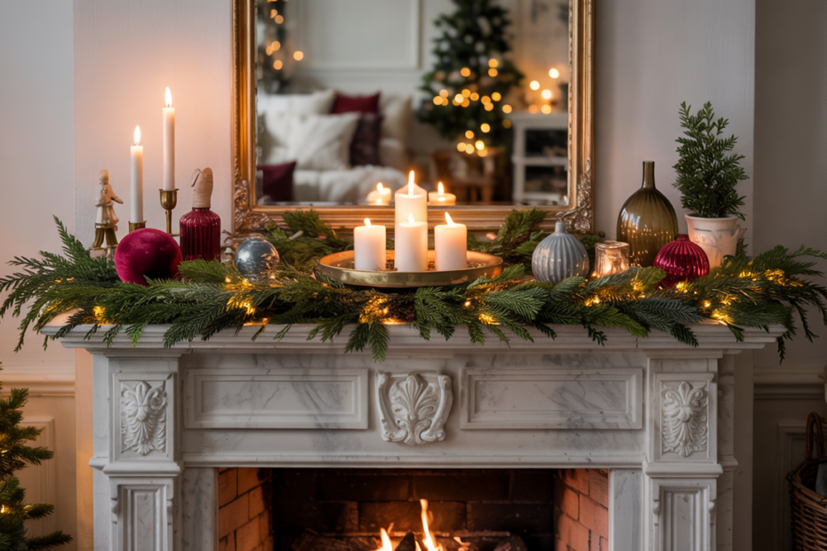 A winter fireplace makeover with an elegant mantel styled with evergreen garland, soft candlelight, subtle color accents, and warm ambient lighting for a cozy yet refined seasonal look.