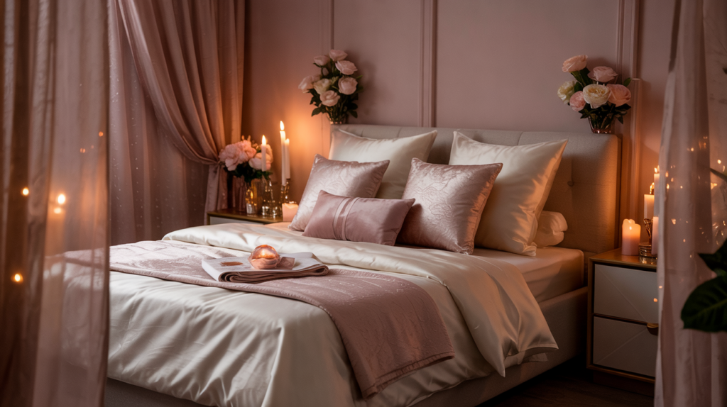 Romantic blush pink Valentine bedroom with cozy luxe décor, soft lighting, layered pillows, candles, and an intimate, elegant atmosphere.