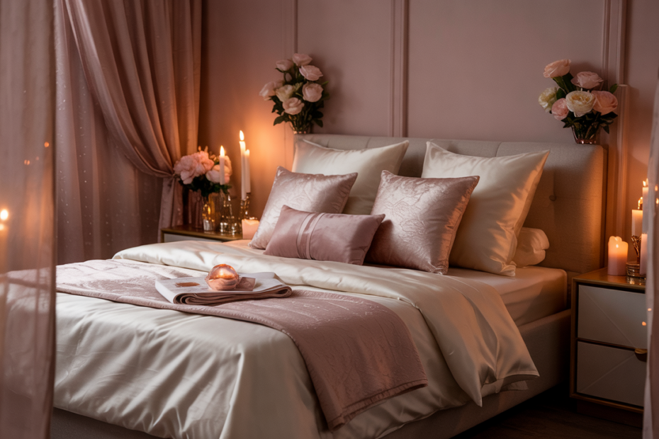 Romantic blush pink Valentine bedroom with cozy luxe décor, soft lighting, layered pillows, candles, and an intimate, elegant atmosphere.