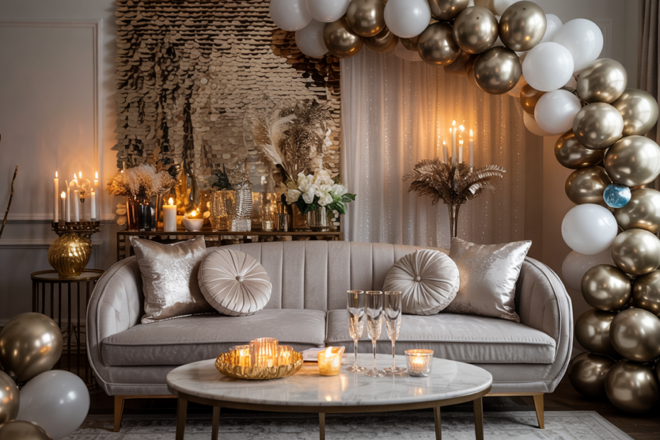 Glam New Year living room decor with gold and silver accents, candlelight, balloons, and elegant champagne details for a festive 2026 celebration.