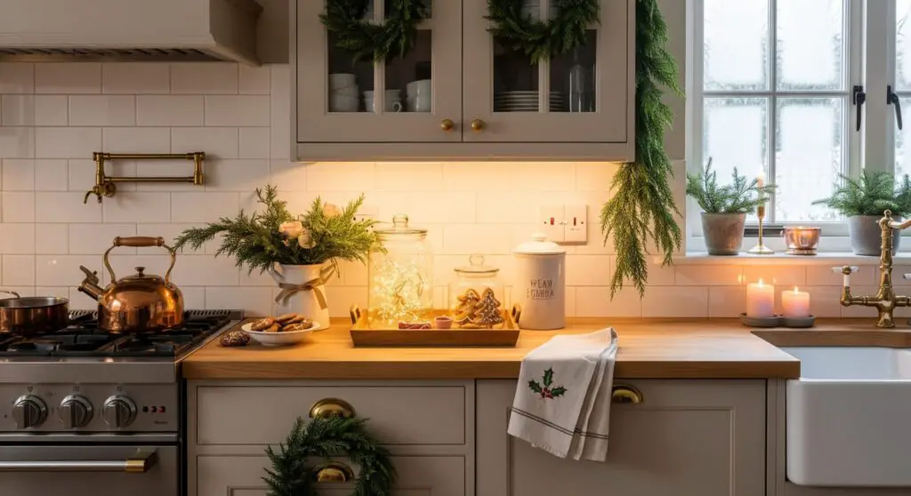 Cozy Christmas kitchen decorated with warm neutral cabinetry, soft under-cabinet lighting, evergreen garlands, mini wreaths, and simple holiday accents on wooden countertops.