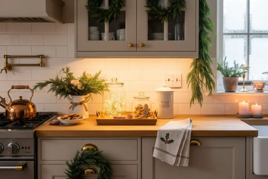 Cozy Christmas kitchen decorated with warm neutral cabinetry, soft under-cabinet lighting, evergreen garlands, mini wreaths, and simple holiday accents on wooden countertops.