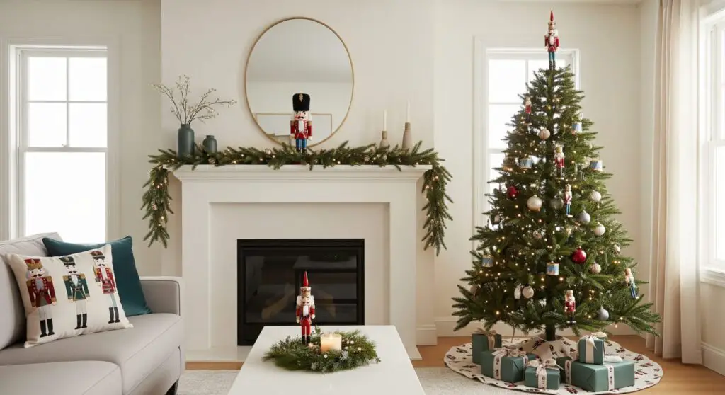 A modern, minimal Christmas living room decorated with subtle Nutcracker accents, including a Nutcracker topper on a softly lit Christmas tree, a few Nutcracker figurines on the mantel, a small Nutcracker piece on the coffee table, and muted holiday décor in neutral winter tones.