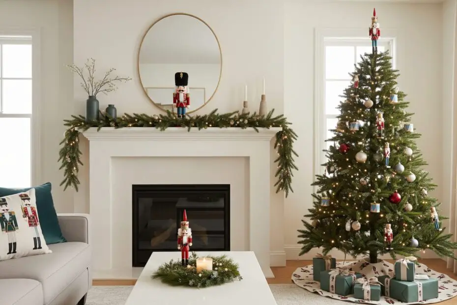 A modern, minimal Christmas living room decorated with subtle Nutcracker accents, including a Nutcracker topper on a softly lit Christmas tree, a few Nutcracker figurines on the mantel, a small Nutcracker piece on the coffee table, and muted holiday décor in neutral winter tones.