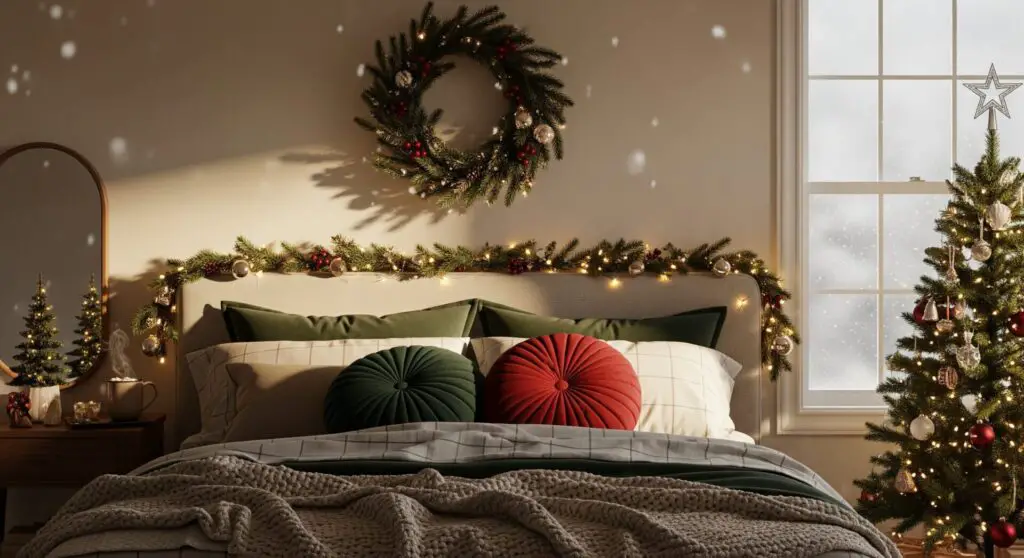 A cozy Christmas bedroom featuring a layered winter bed with knit and velvet textures, warm fairy lights, an evergreen garland, a lit Christmas tree in the corner, wrapped gifts, and soft snowy window light creating a warm holiday atmosphere.